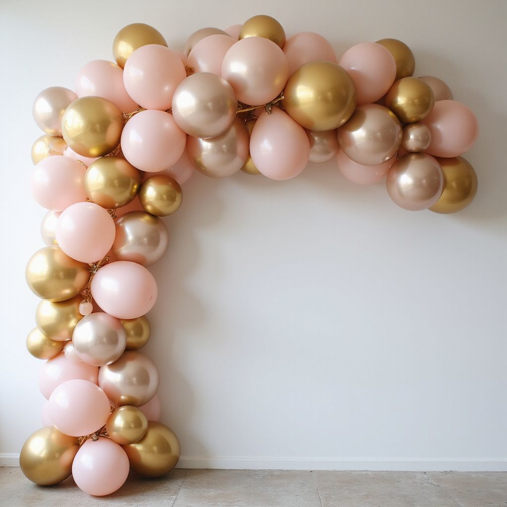 Balloon arch, pink and gold balloons, against white wall.
