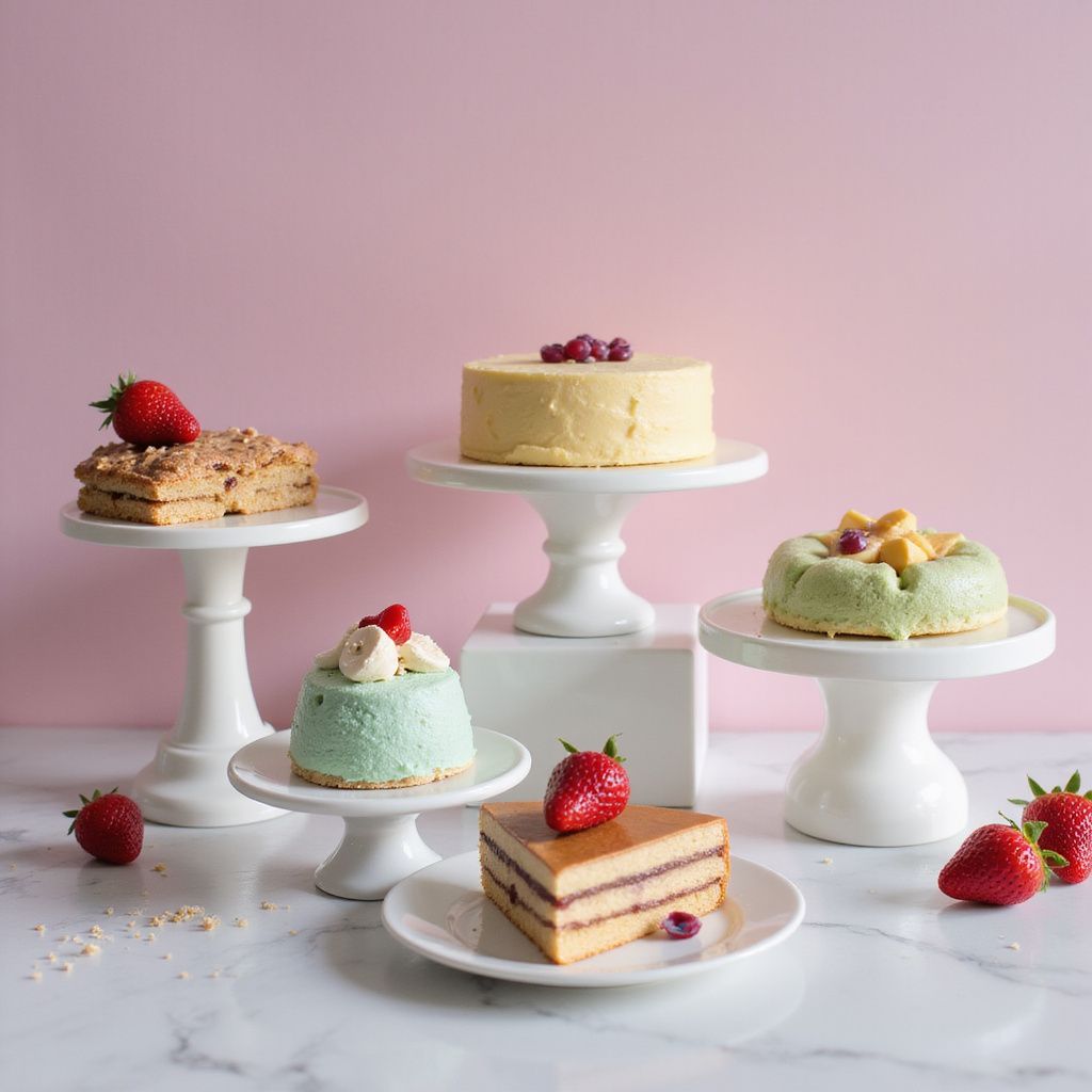 Assortment of small cakes on white pedestals, strawberries, pink backdrop, marble surface.