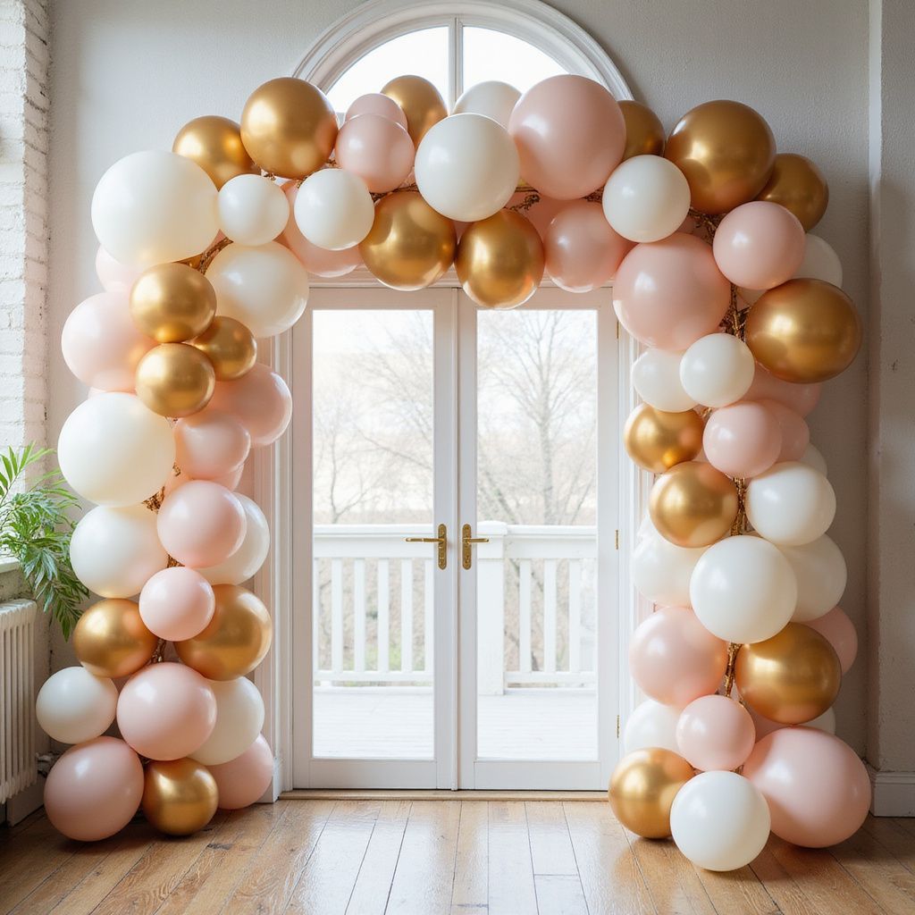 Balloon arch in gold, white, and pink framing a set of double doors.