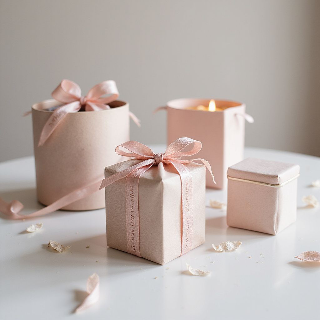 Four pastel pink gift boxes with ribbons, set on a white table with scattered petals.