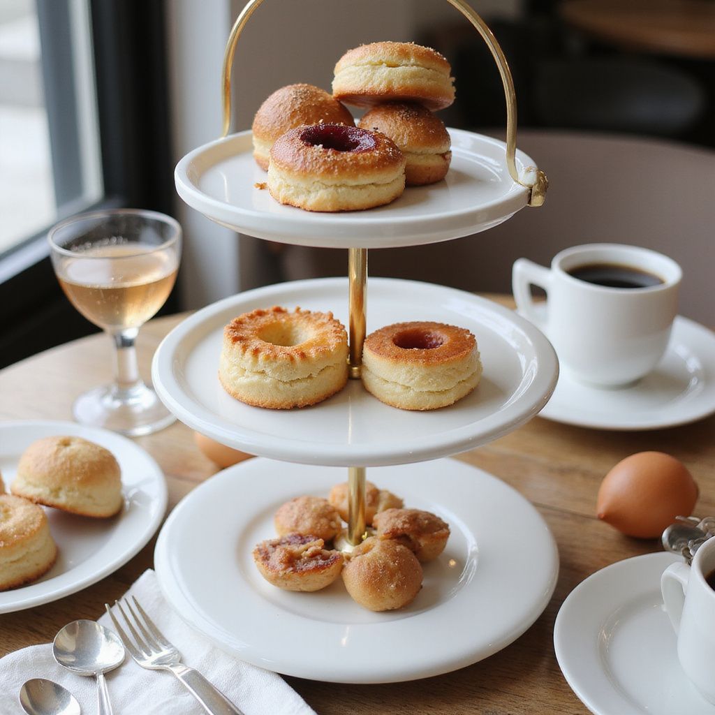Three-tiered serving stand with baked goods. Coffee, drink, and egg on a table with silverware.