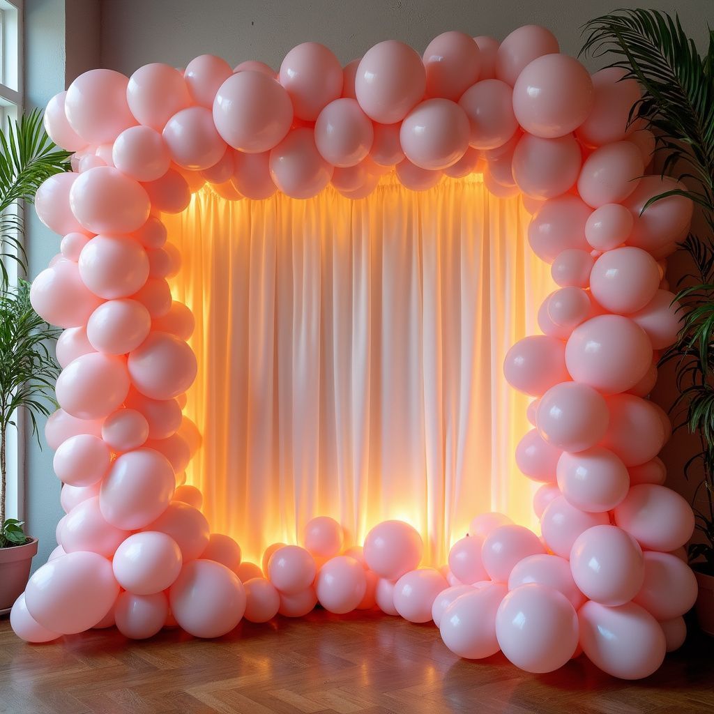 Pink balloon arch frames a softly lit, pink-draped backdrop, possibly for an event or celebration.