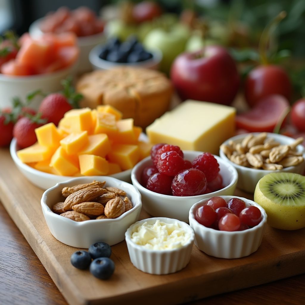 Charcuterie board with various fruits, cheeses, and nuts in white bowls.
