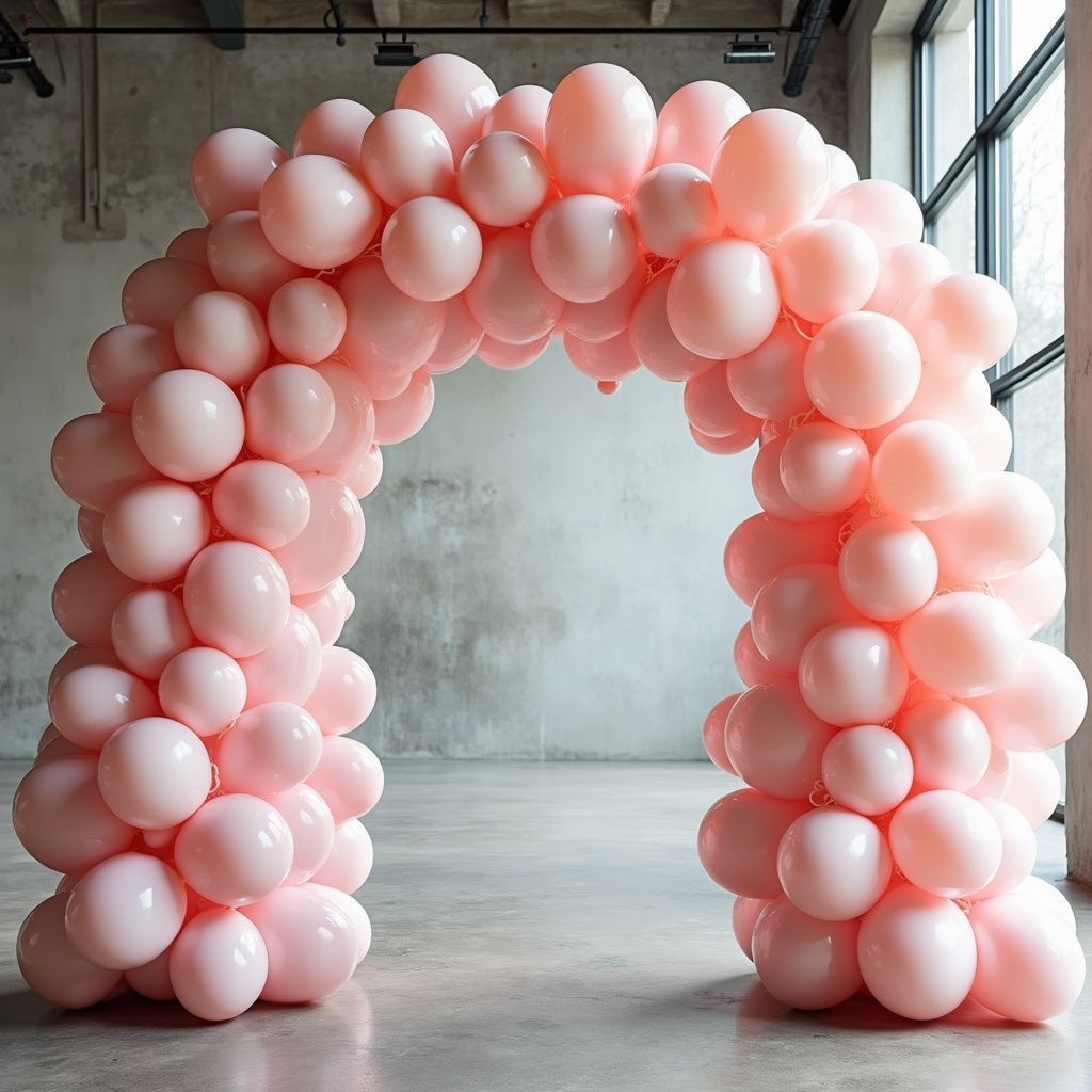 Pink balloon arch in front of a concrete wall and window.