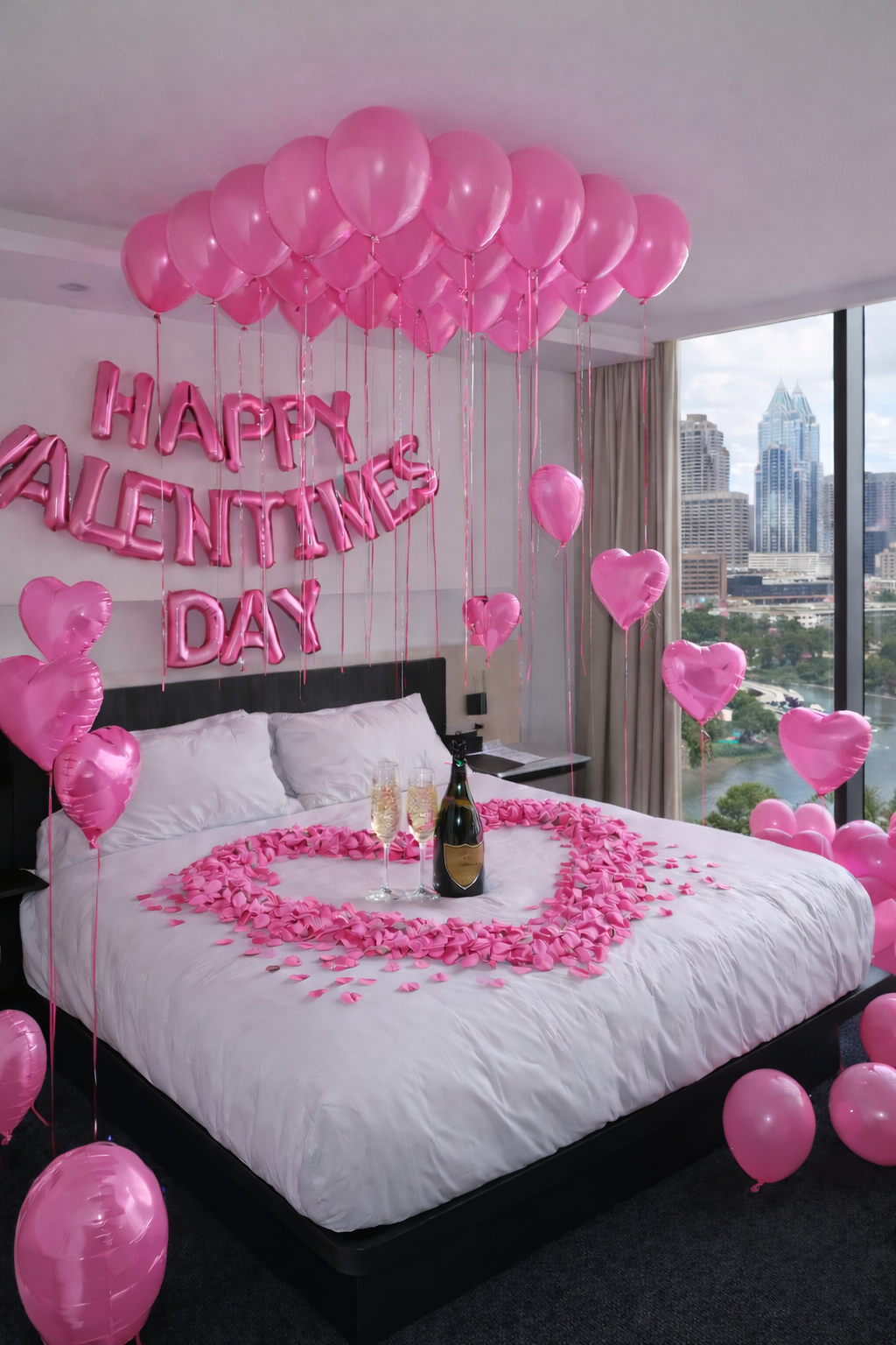 A bed decorated for Valentine's Day with pink balloons, rose petals, and a bottle of champagne.