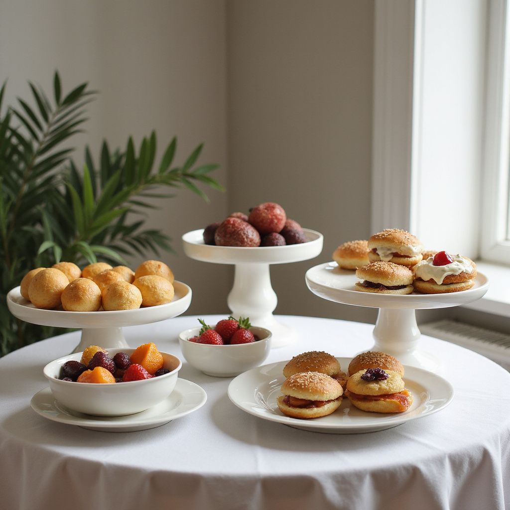 A table with food platters, including buns, fruit, and sandwiches. White tablecloth and window.