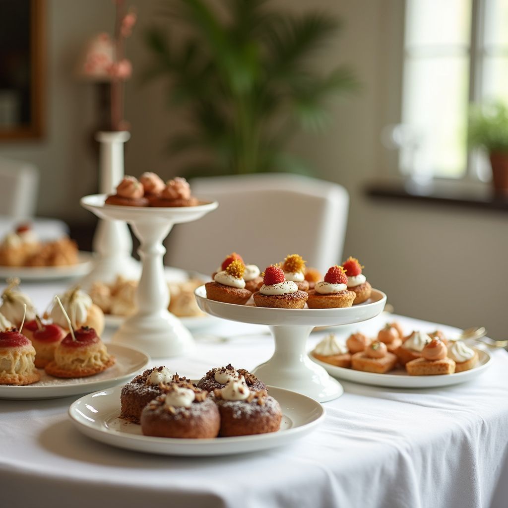 Table set with small pastries on white serving plates; indoors.