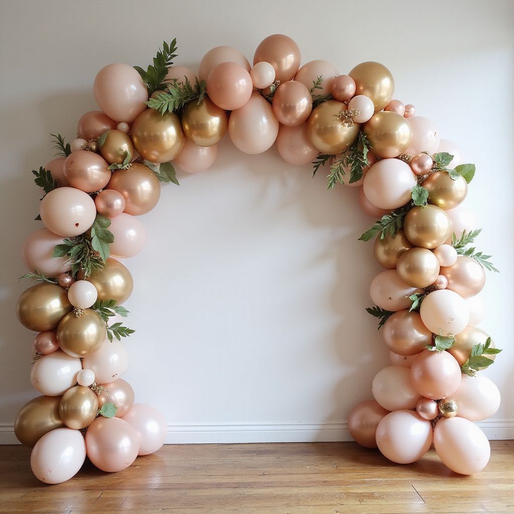 Balloon arch with gold, pink, and peach balloons, decorated with green foliage, indoors.