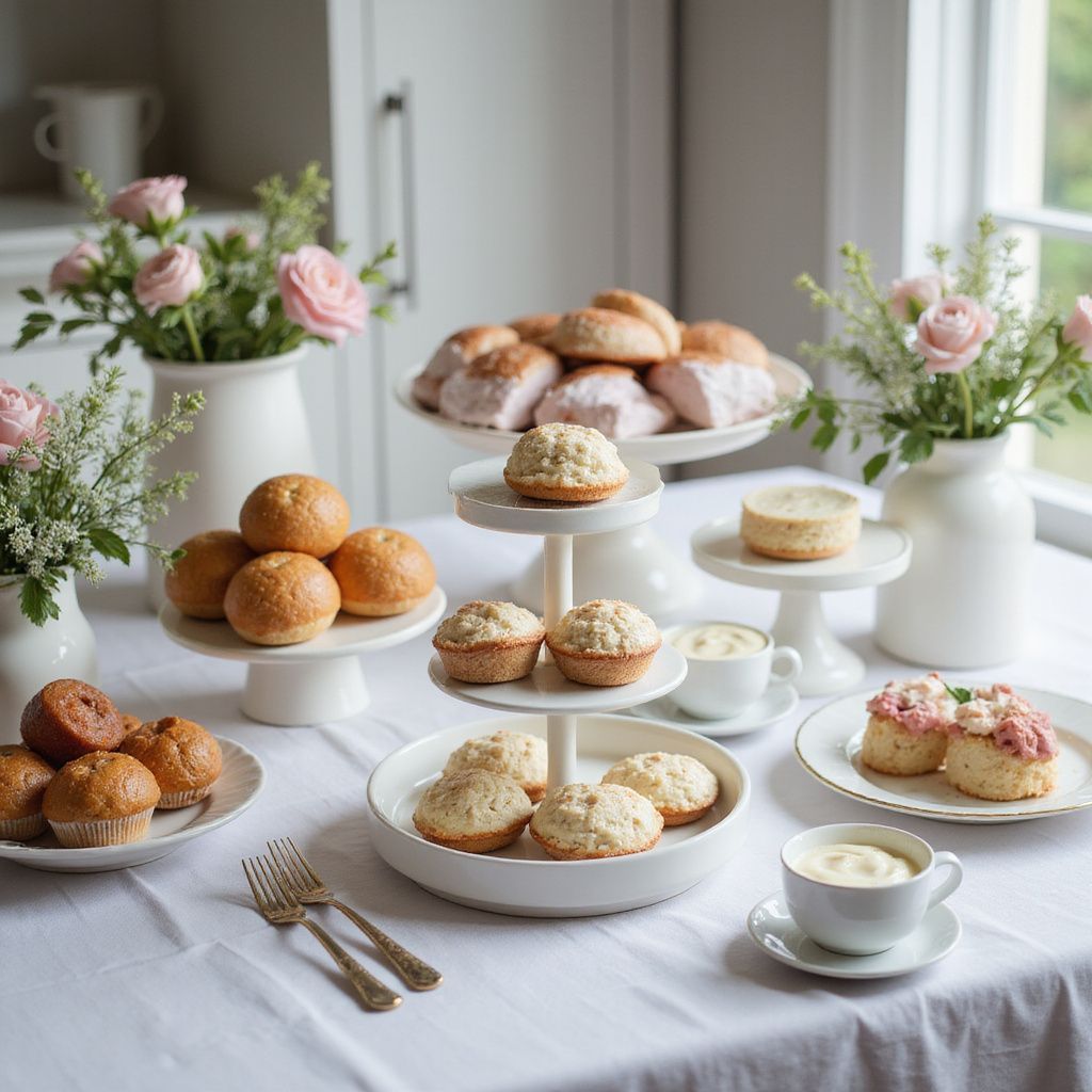 Pastries and flowers on a white-clothed table near a window. Baked goods include muffins and rolls.