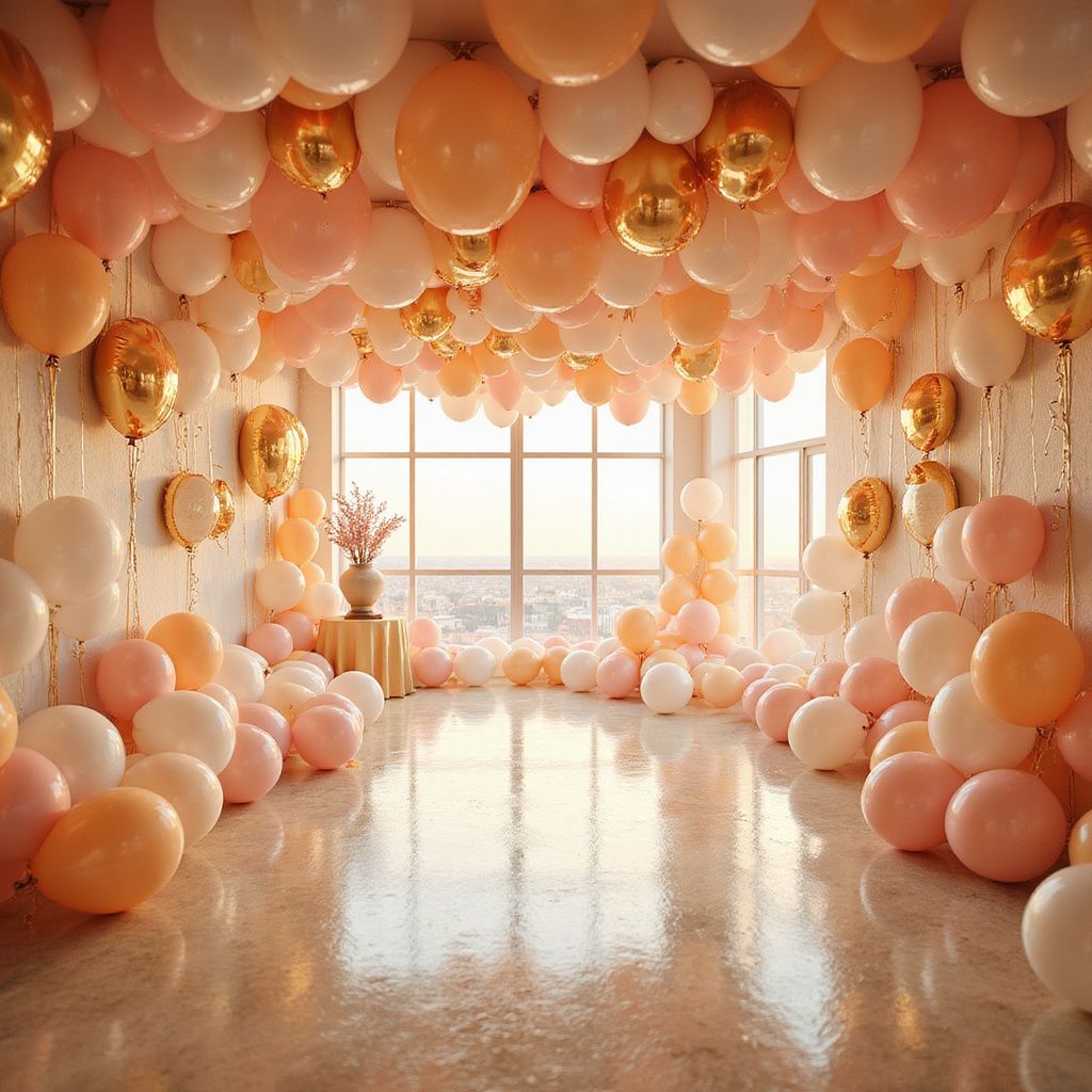 a room full of gold, white, peach balloons