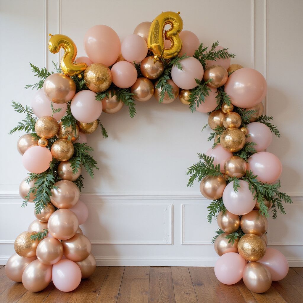 Balloon arch with pink, gold, and green foliage, spelling