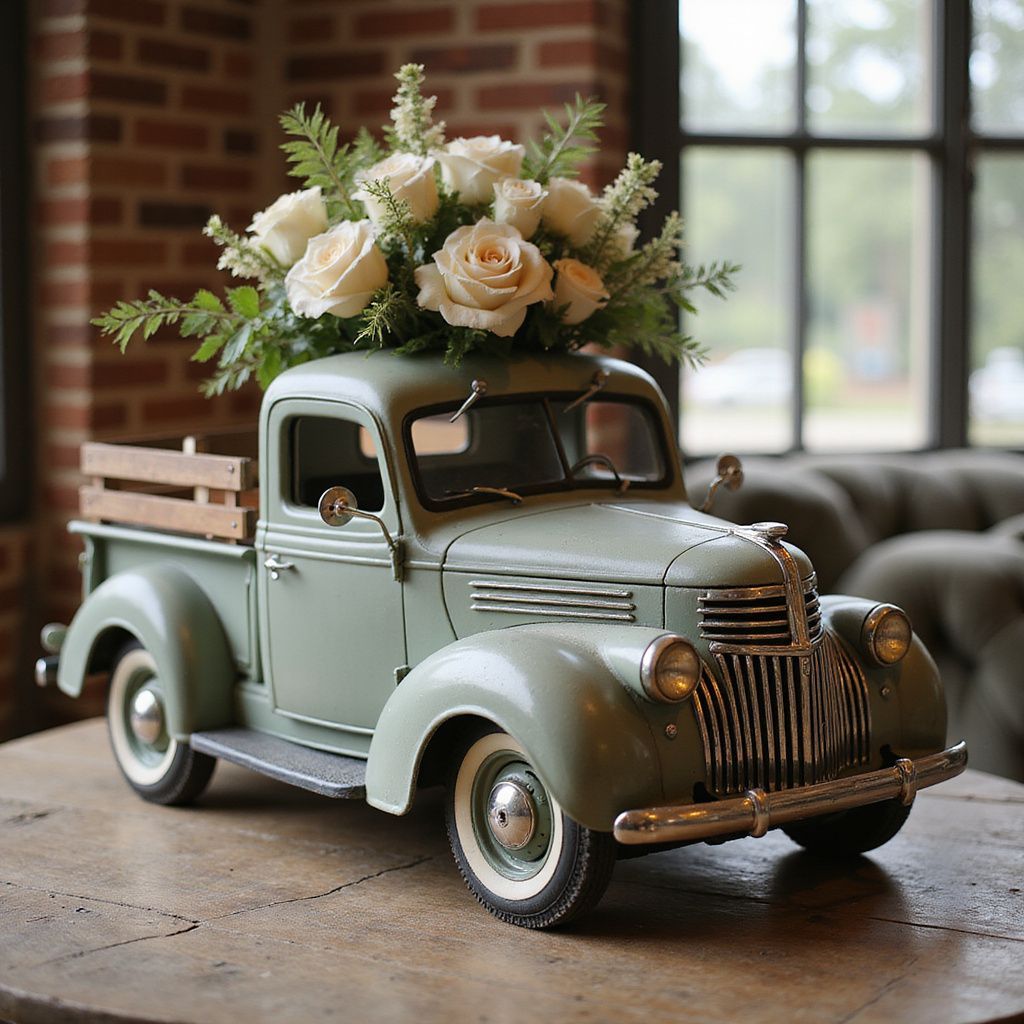 Green vintage pickup truck filled with white roses and greenery on a table.
