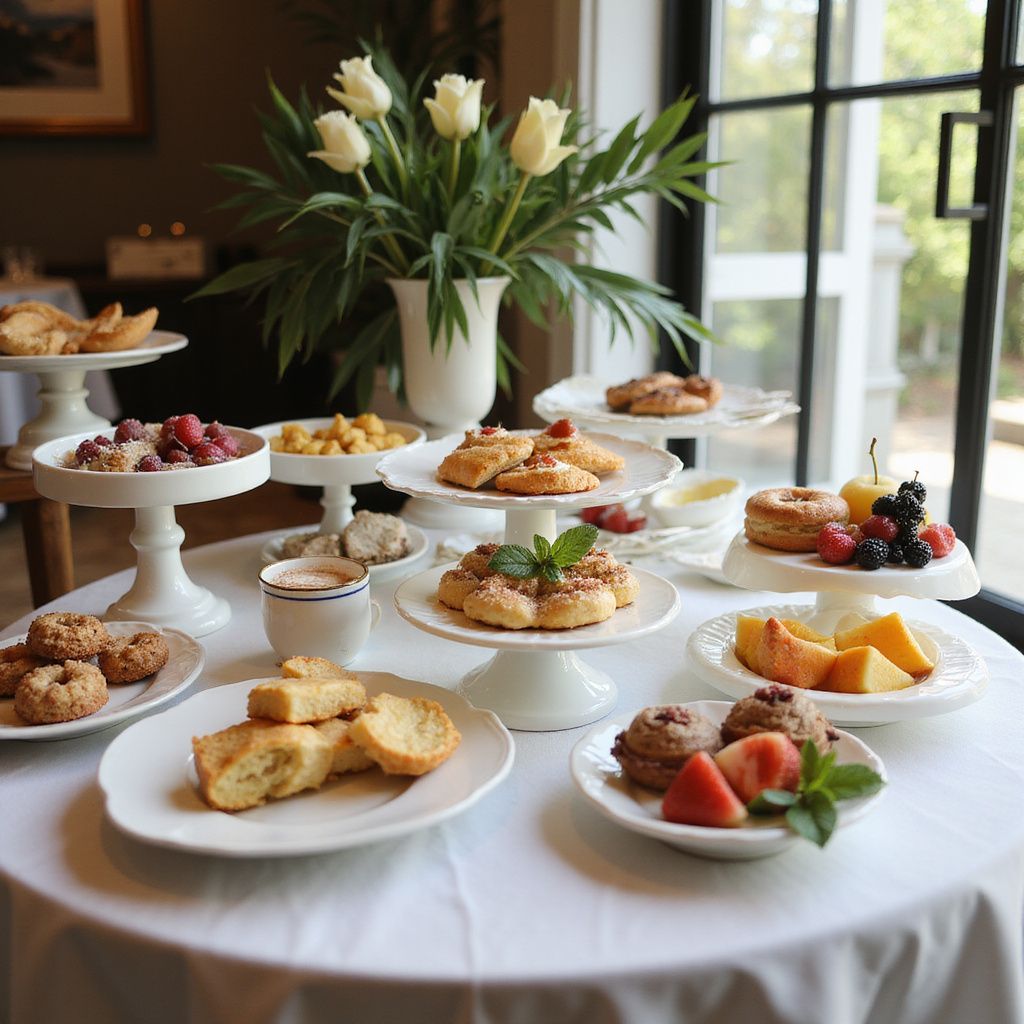 Table with assorted pastries and fruit, elegantly arranged on tiered plates, white tablecloth, near a window.