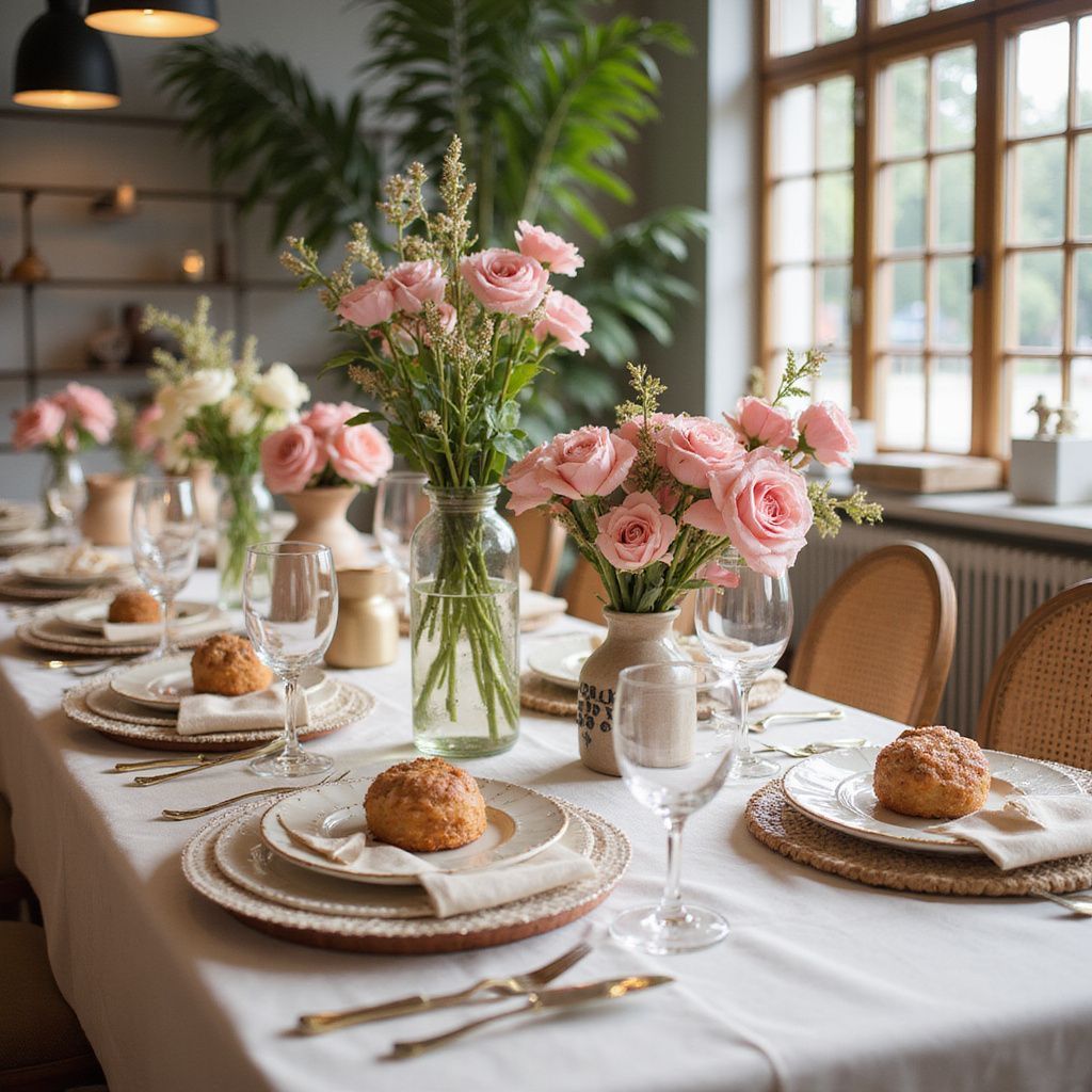 Elegant dining table set with pink roses, ready for a meal.