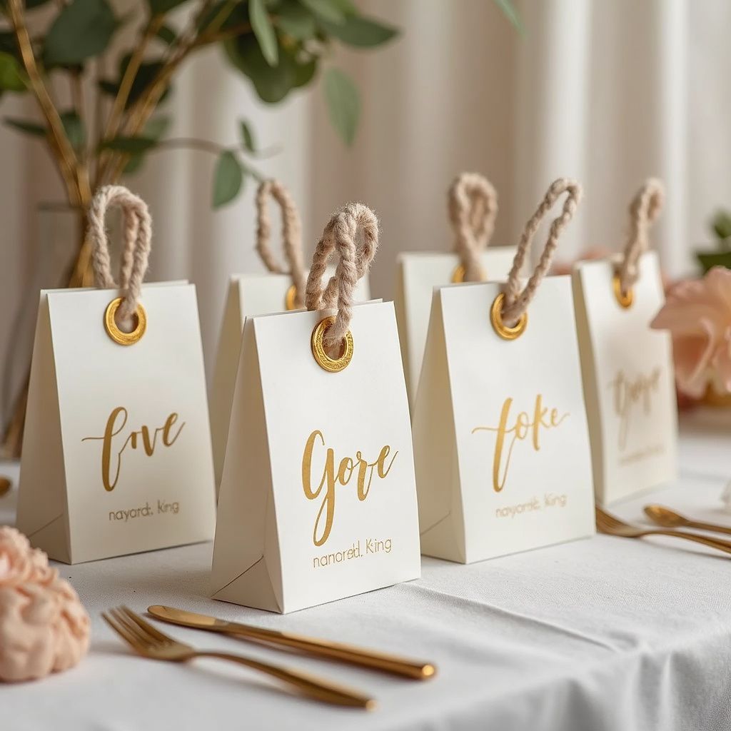 White gift bags with gold text and rope handles on a table setting.