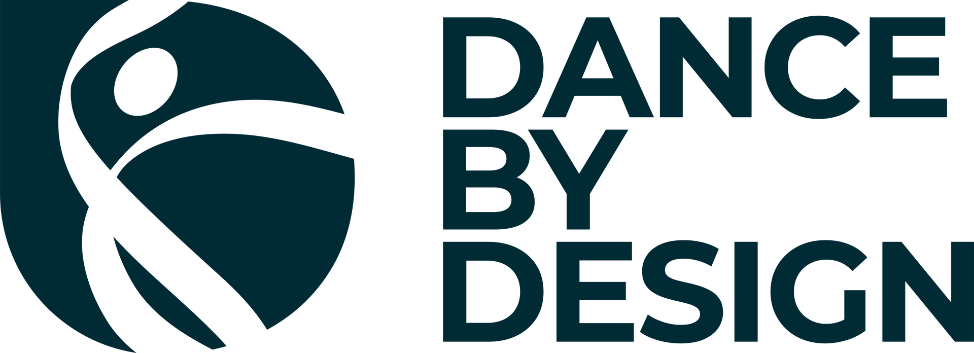Logo for Dance By Design: dancing figure in teal circle, teal text.