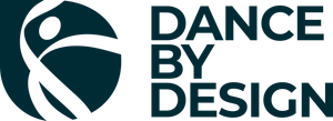 Logo for Dance By Design: dancing figure in teal circle, teal text.