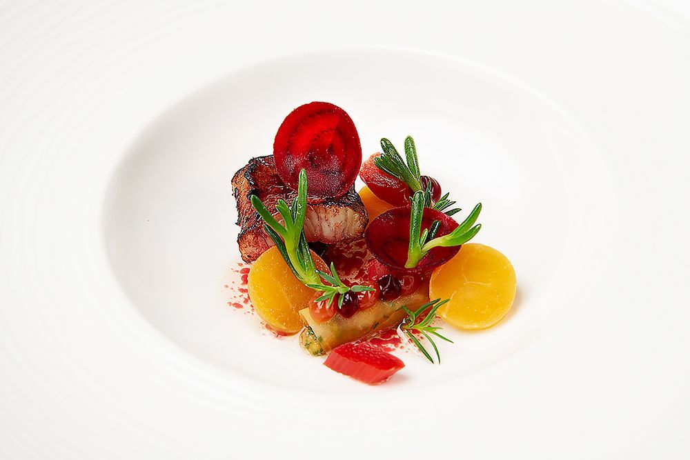 Paris House smoked eel with port braised beetroot, pickled rhubarb and sherry dressing — food photography by Oakley Studios, Woburn
