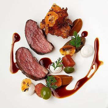 Paris House marinated lamb rump with bhaji, Jalpai Achar and pickled turmeric — Michelin Guide fine dining food photography by Oakley Studios, Woburn