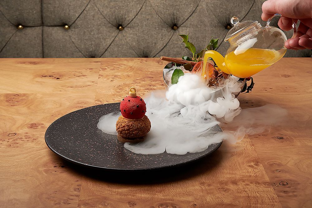 Paris House clementine parfait with spiced choux and chestnut crèmeux — Michelin Guide fine dining food photography by Oakley Studios, Woburn