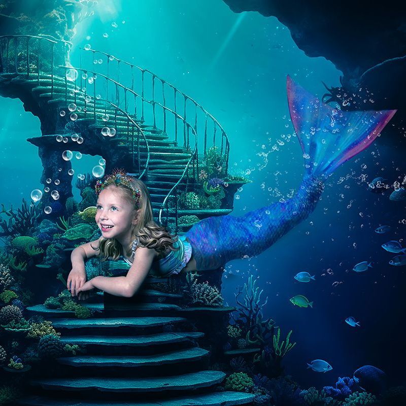 Child dressed as a mermaid during the Mermaids and Unicorns fantasy photoshoot at Oakley Studios, Luton