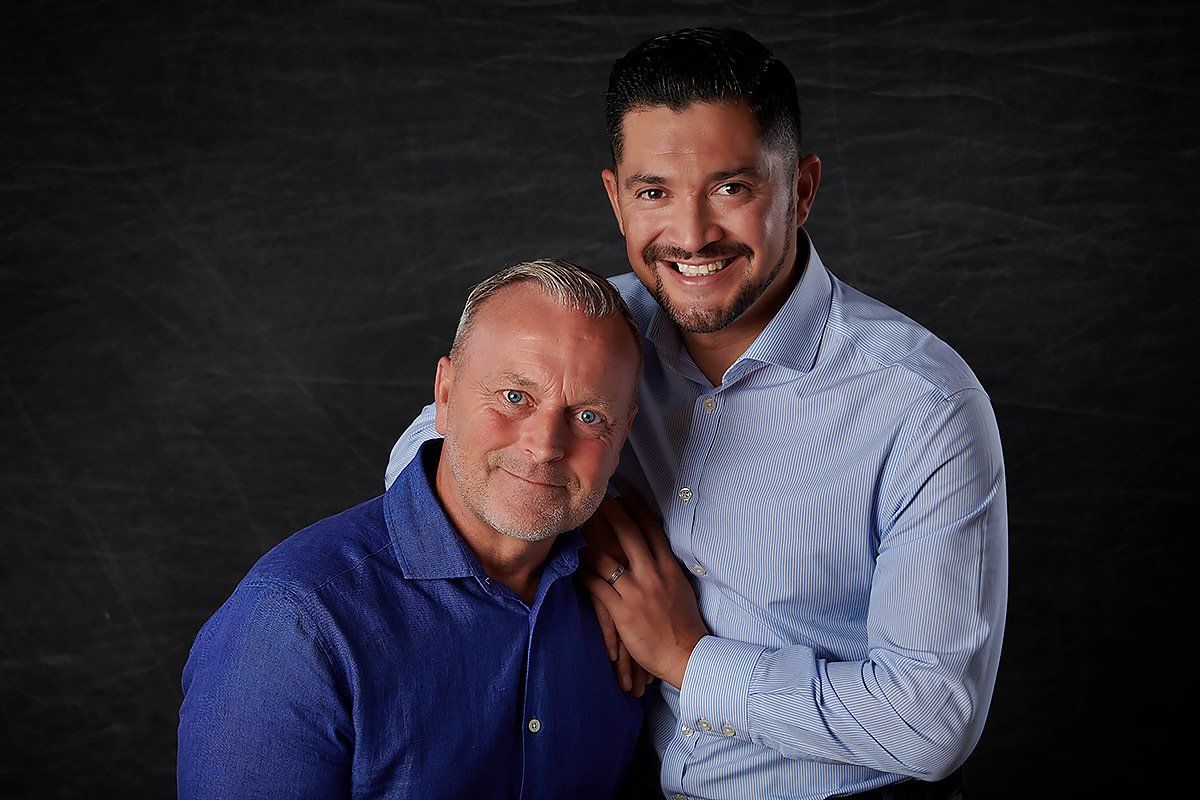 Couple posing for a relaxed portrait session at Oakley Studios on the Luton and Dunstable border, Bedfordshire