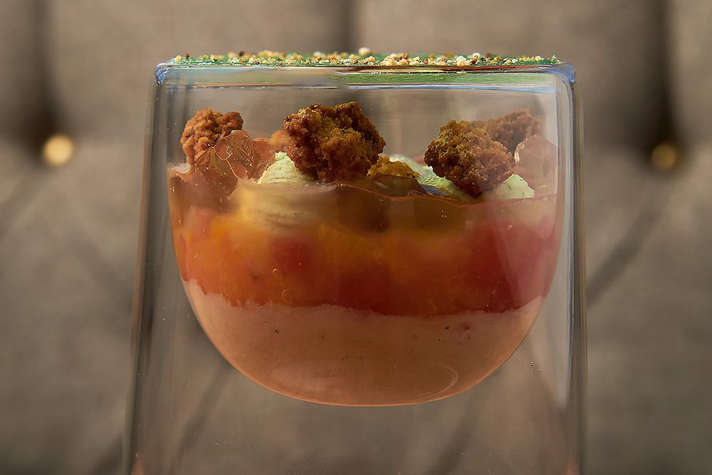 Close-up of a Paris House dessert in a glass — fine dining food photography by Oakley Studios, Woburn, Bedfordshire