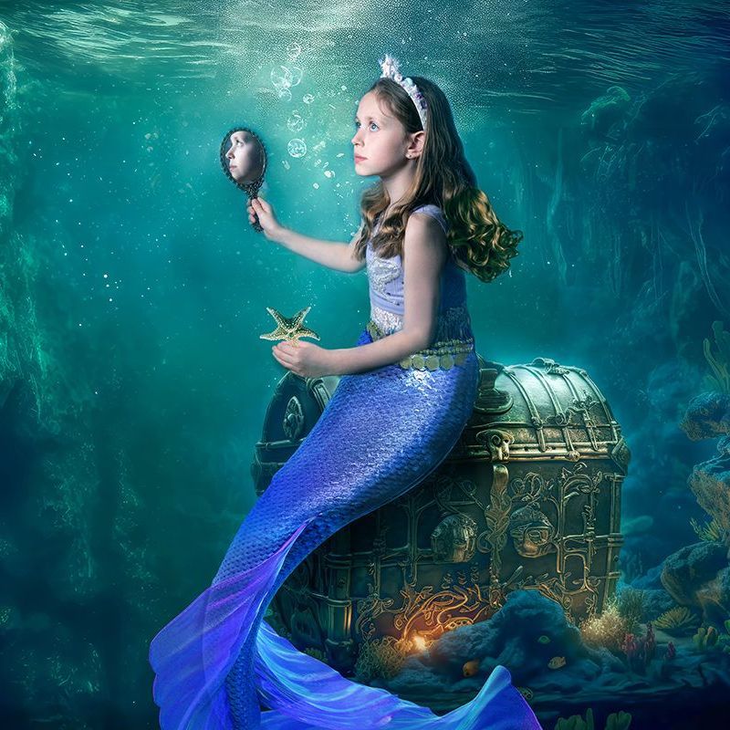 young girl dressed as a mermaid during the Mermaids and Unicorns fantasy photoshoot at Oakley Studios, Luton and Dunstable border
