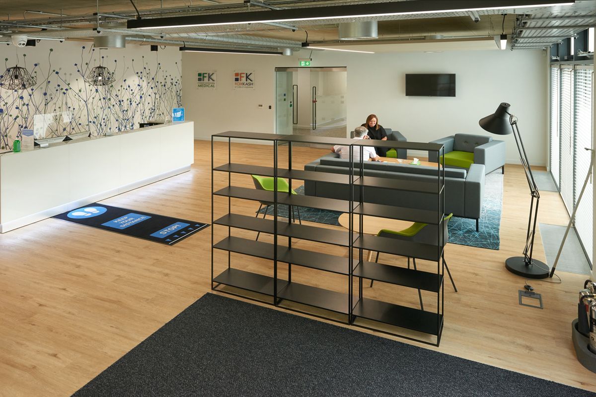 Foxley Kingham Accountants modern office lounge area — interior business photography by Oakley Studios, Luton