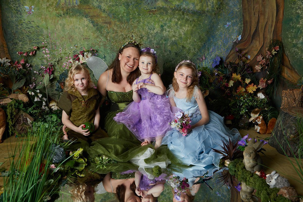 Before — family in fairy costumes prior to editing during The Original Fairy Experience at Oakley Studios, Luton