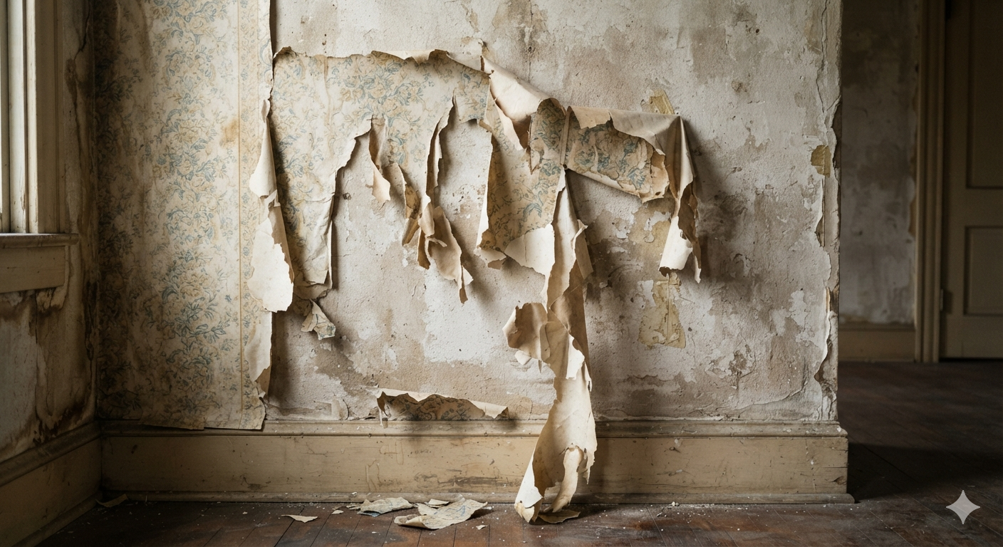 Faded floral wallpaper peels in large, ragged strips from a water-stained wall, exposing rough, decaying plaster in an old, abandoned room.