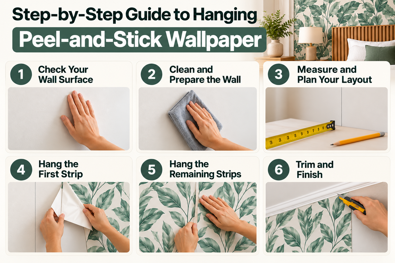 Step-by-step guide to hanging peel-and-stick wallpaper, from surface preparation and measuring to peeling, smoothing, trimming, and finishing.
