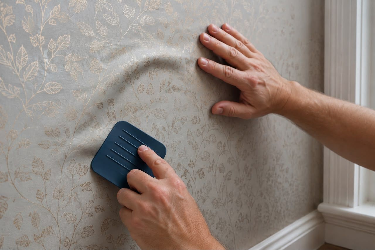 Hands smoothing wallpaper with a blue plastic tool on a wall corner.