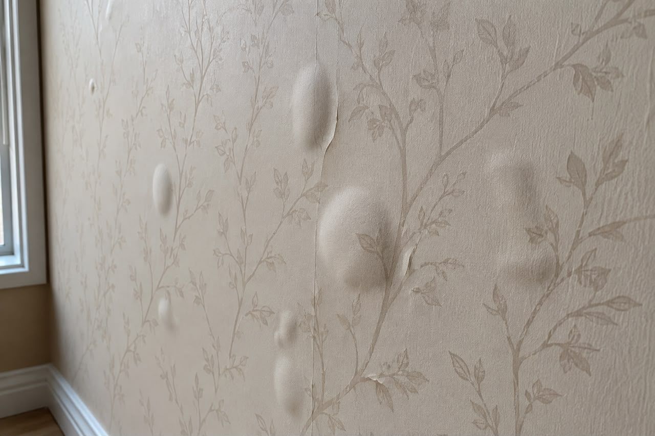 Damaged floral wallpaper with raised bubbles and peeling near a window and baseboard