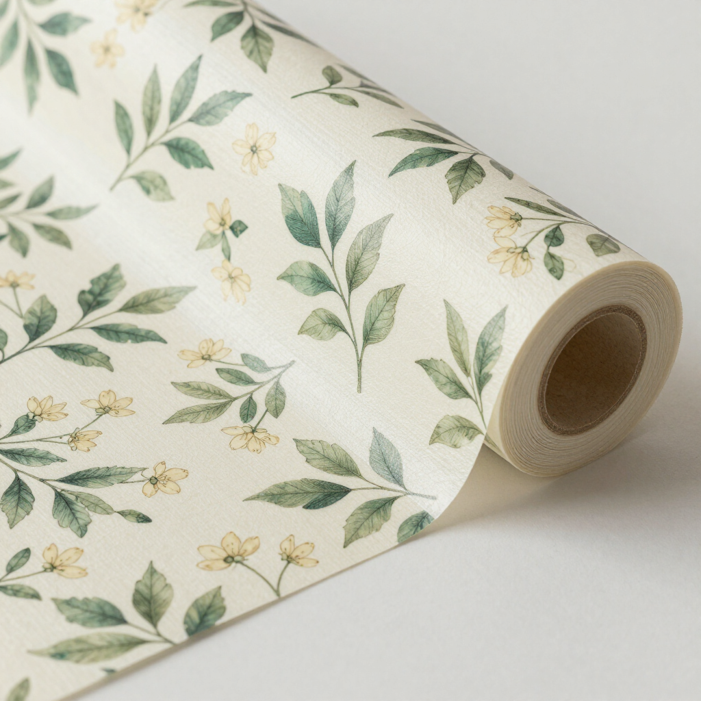 Roll of cream wallpaper featuring a delicate botanical pattern with green leaves and small yellow flowers.