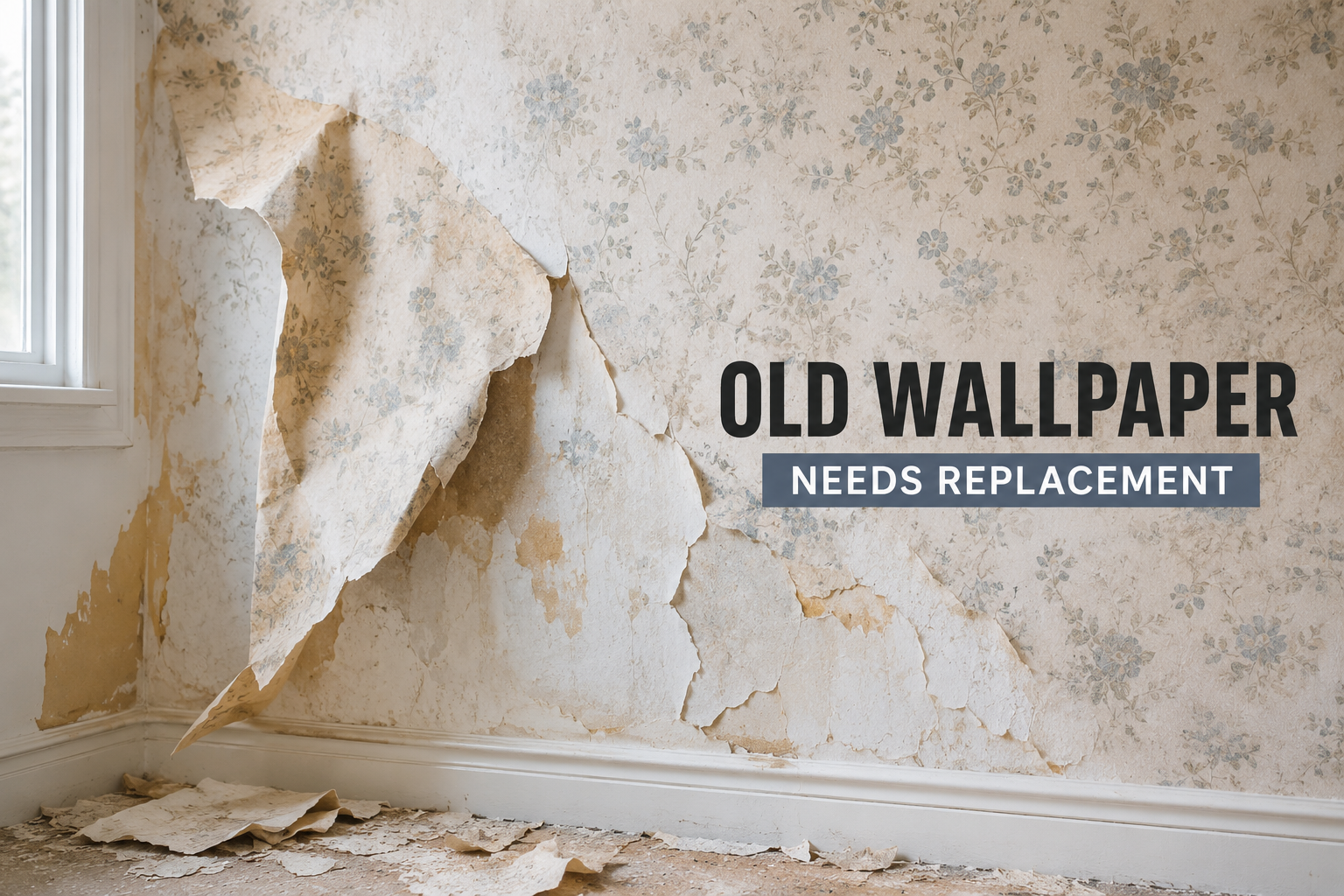 Old peeling wallpaper with stains and damaged walls ready for replacement