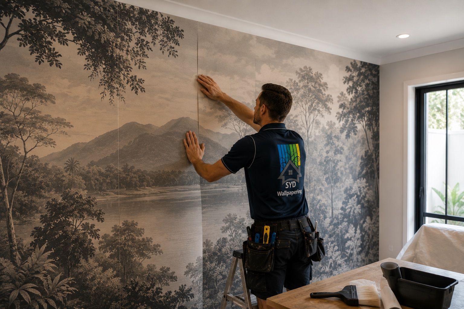 A professional installer applies a large, scenic landscape mural wallpaper onto a bedroom wall.
