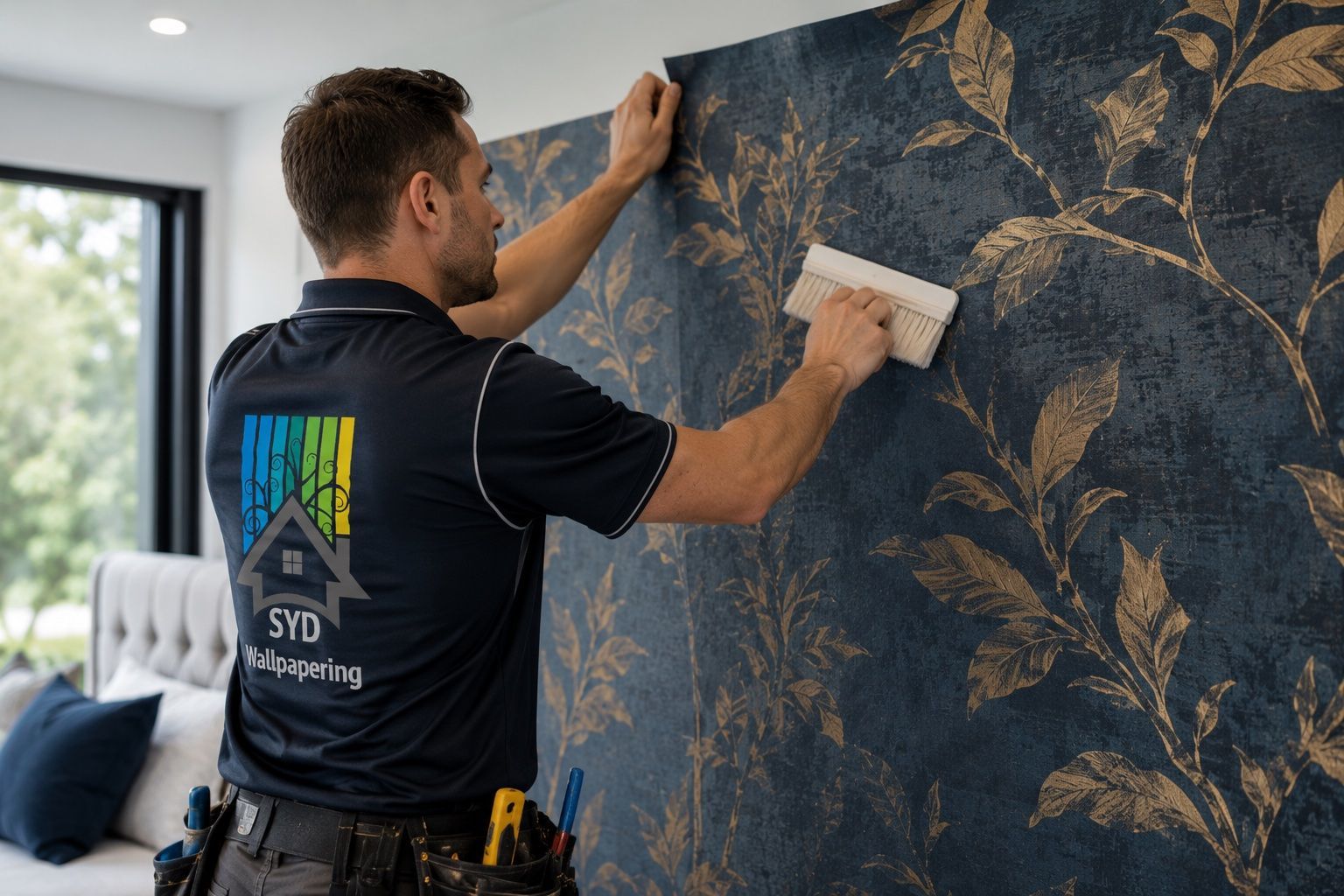 Professional wallpaper installer applying elegant dark floral wallpaper to an interior feature wall 