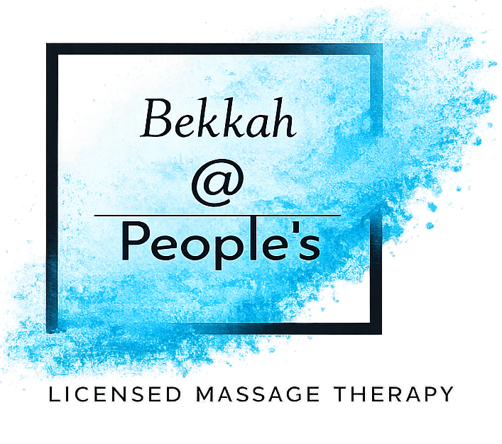 Bekkah @ People's licensed massage therapy logo with blue watercolor splash