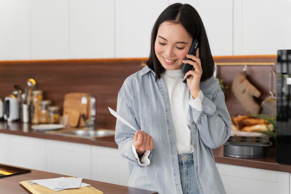 Woman smiling while talking on a phone in a bright kitchen and checking a small item in her hand