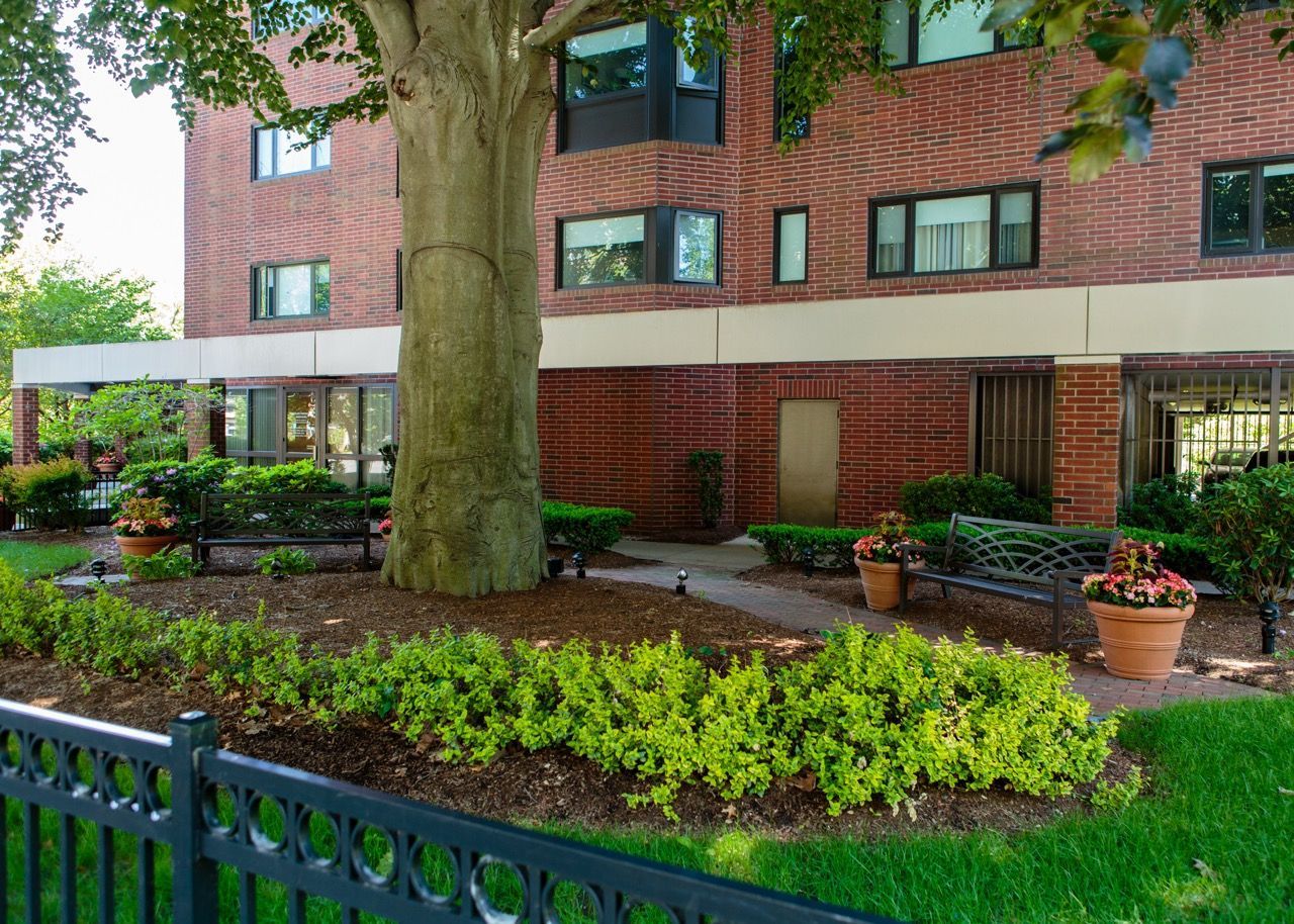 A multistory brick building exterior with a large tree, landscaped bushes, and potted flowers in a courtyard setting.