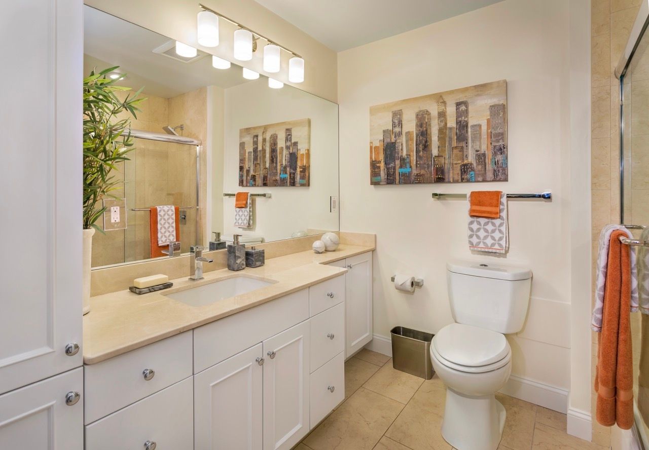 Bathroom with a single-sink vanity, large mirror, toilet, and glass shower.