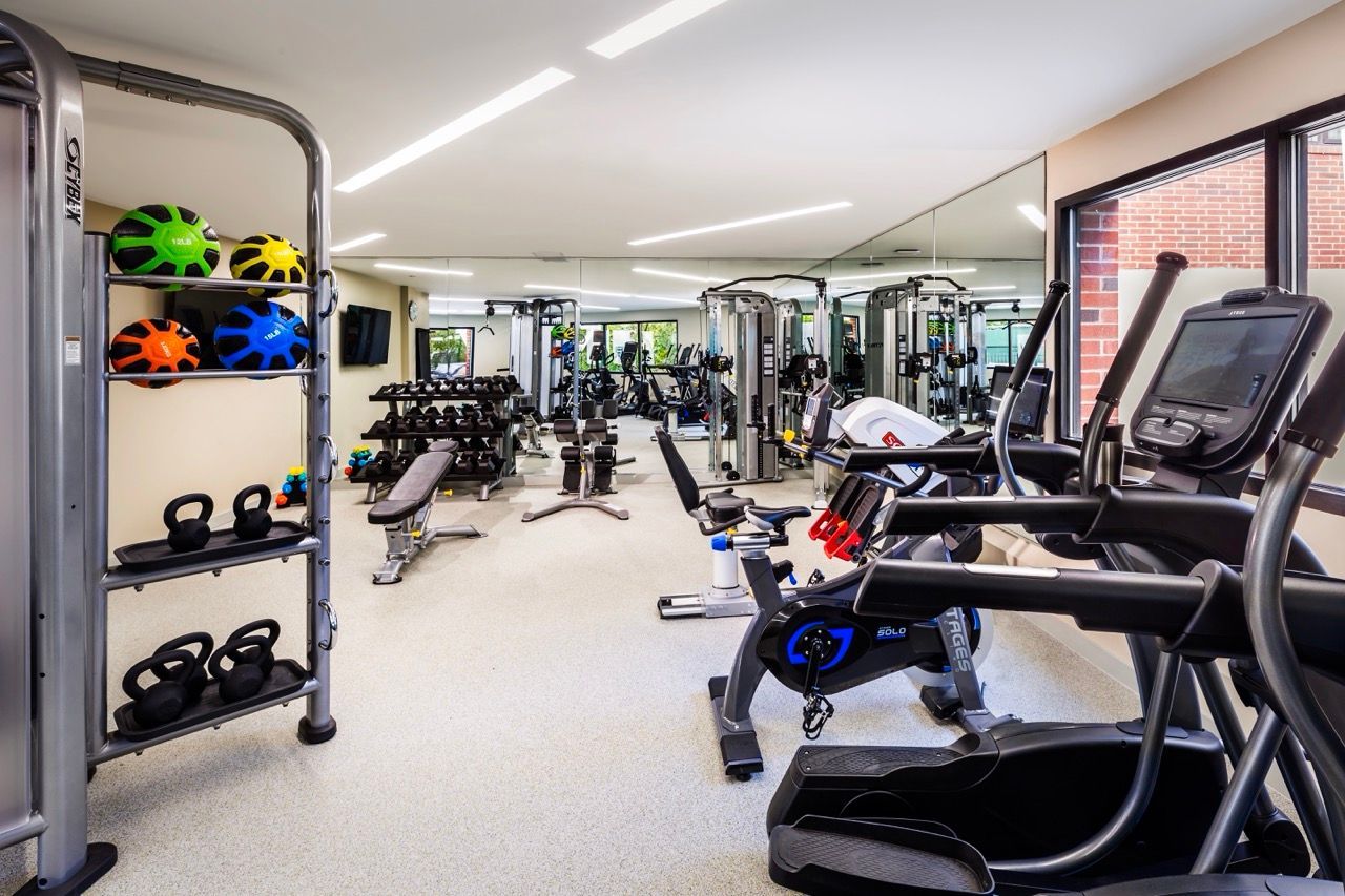 Interior view of a well-equipped residential gym with treadmills, bikes, free weights, and mirrors.