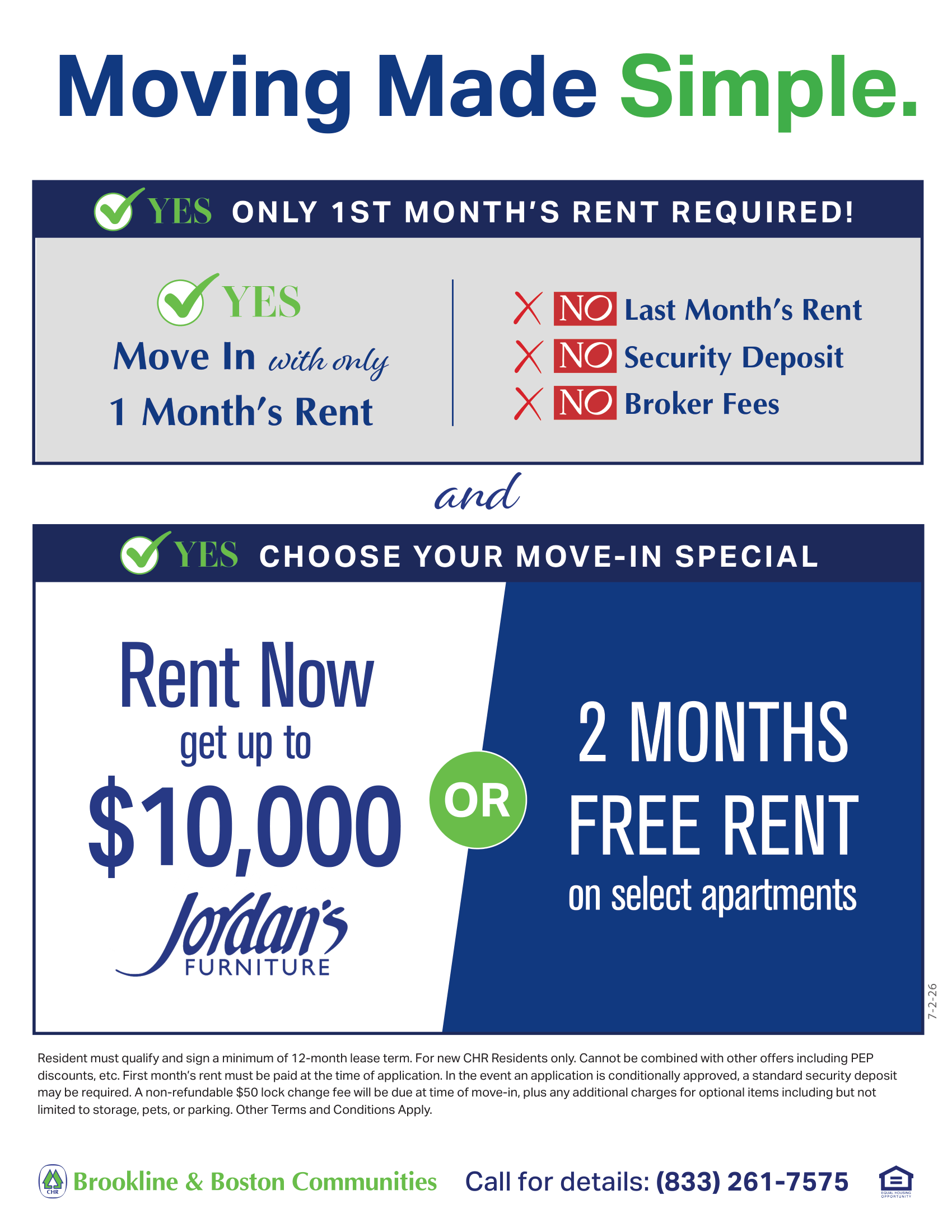 Moving Made Simple apartment rental ad with “Rent Now” and “2 months free rent” on blue and white panels