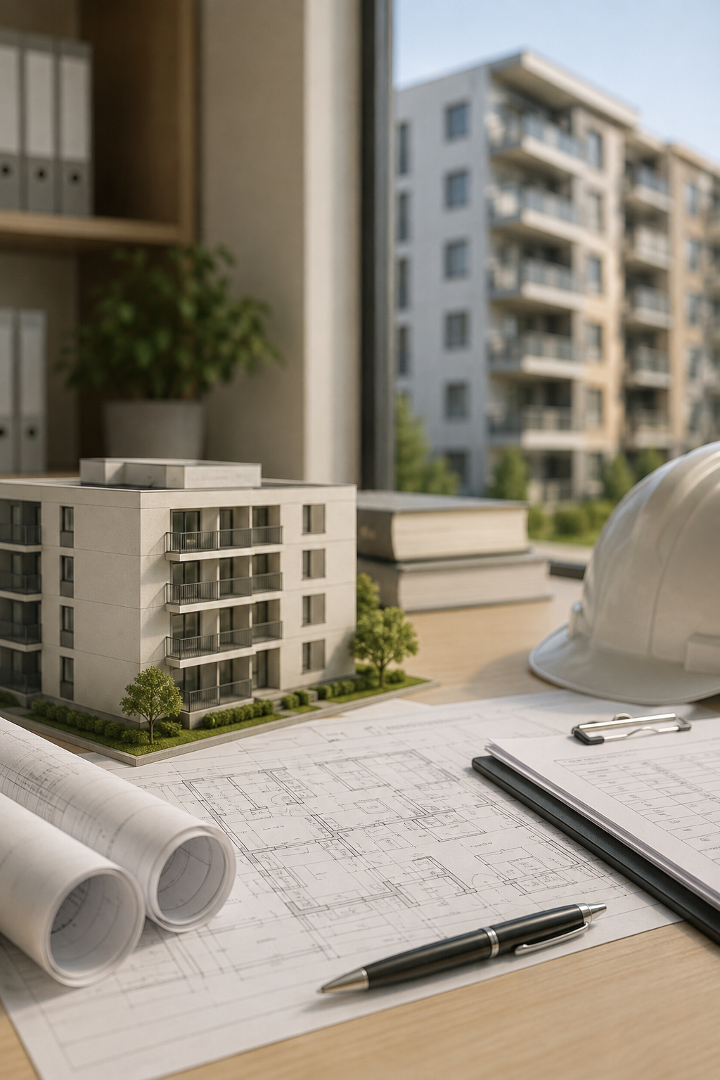Modellino architettonico di un condominio su una scrivania, con planimetrie, penne e un elmetto di sicurezza sullo sfondo.