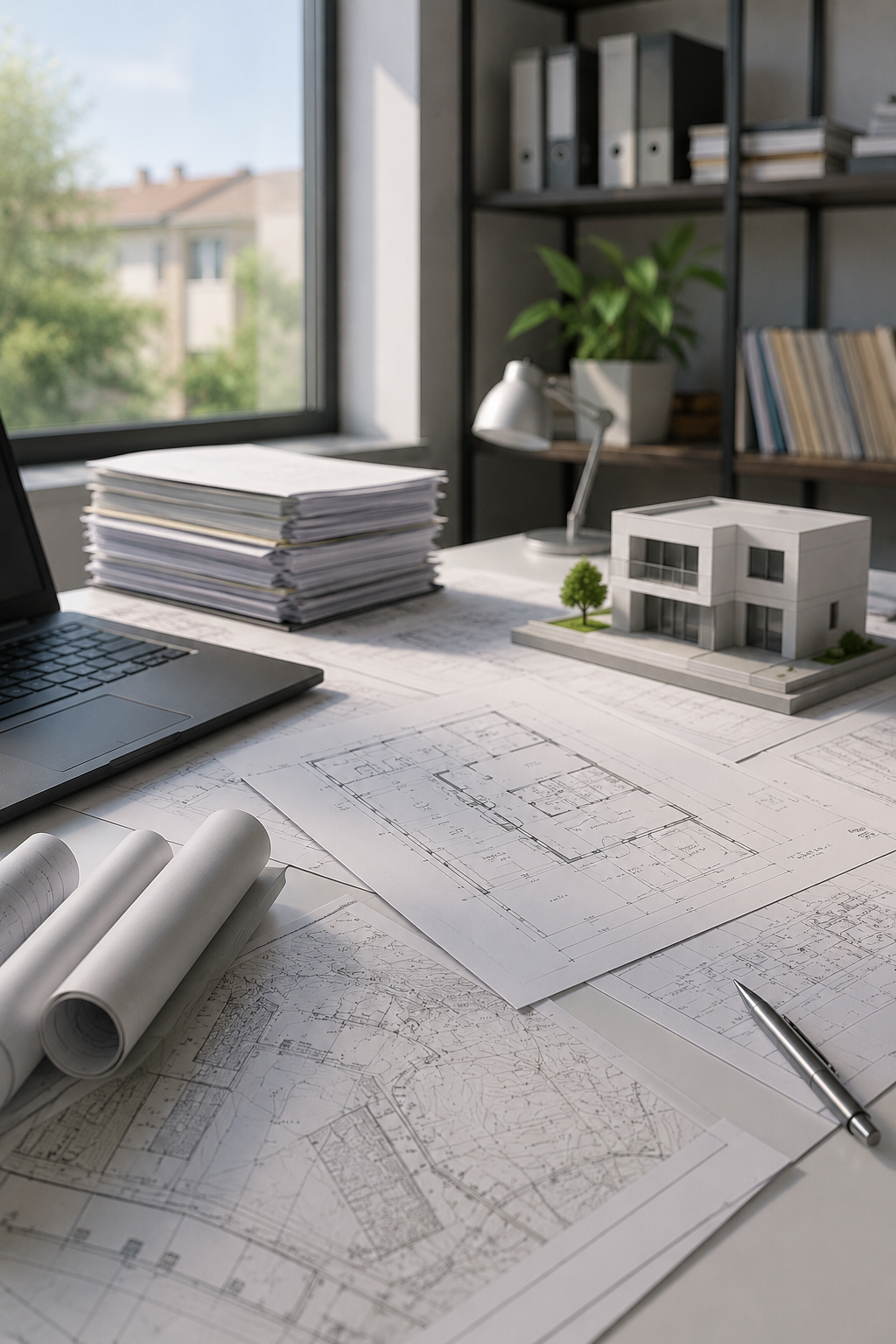 Scrivania da architetto con planimetrie, computer portatile, pile di fogli e un modellino di casa vicino a una finestra.