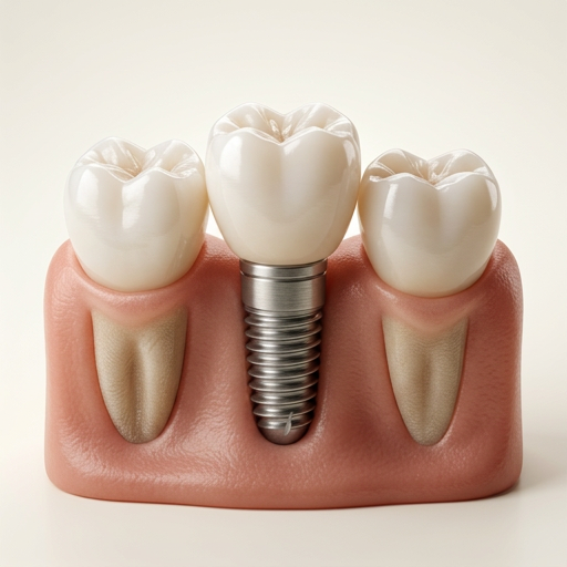 Dental implant model with three white teeth on pink gum, center tooth anchored by a metal screw