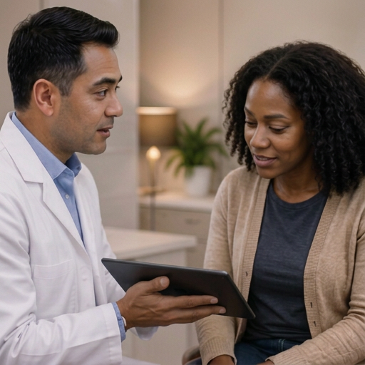 Doctor showing a tablet to a seated patient in a bright clinic office