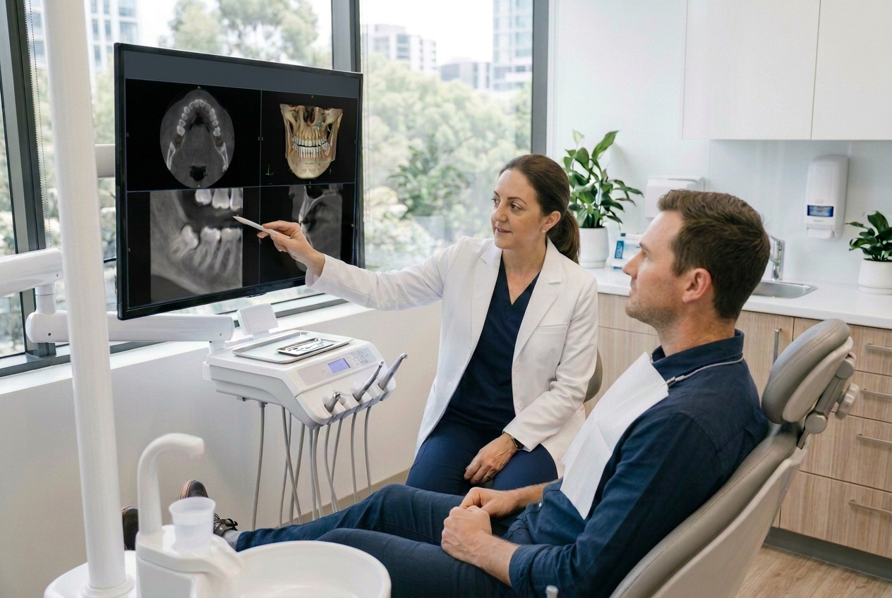 Doctor explaining medical scans to a seated patient in a bright exam room