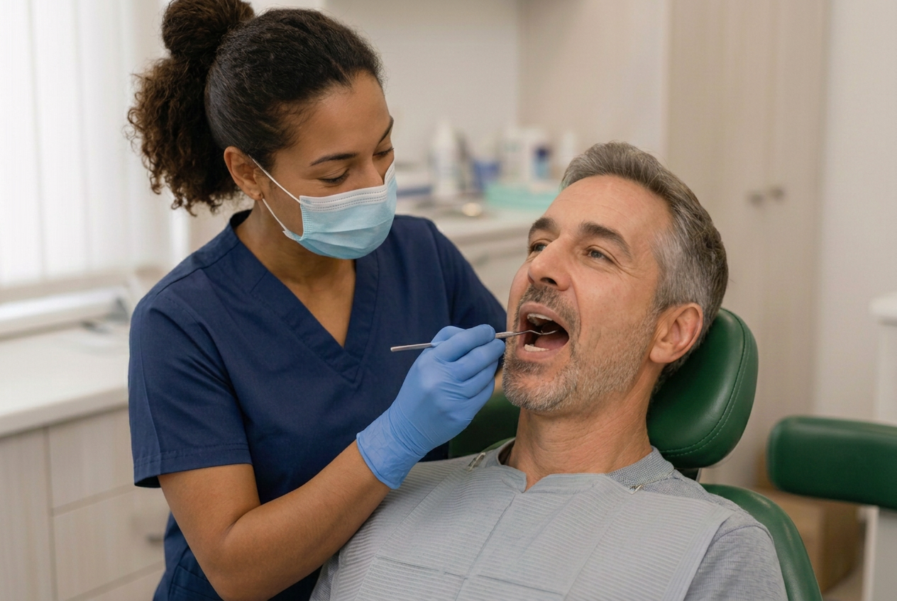 Dentist in blue scrubs examining a seated patient’s mouth in a clinic
